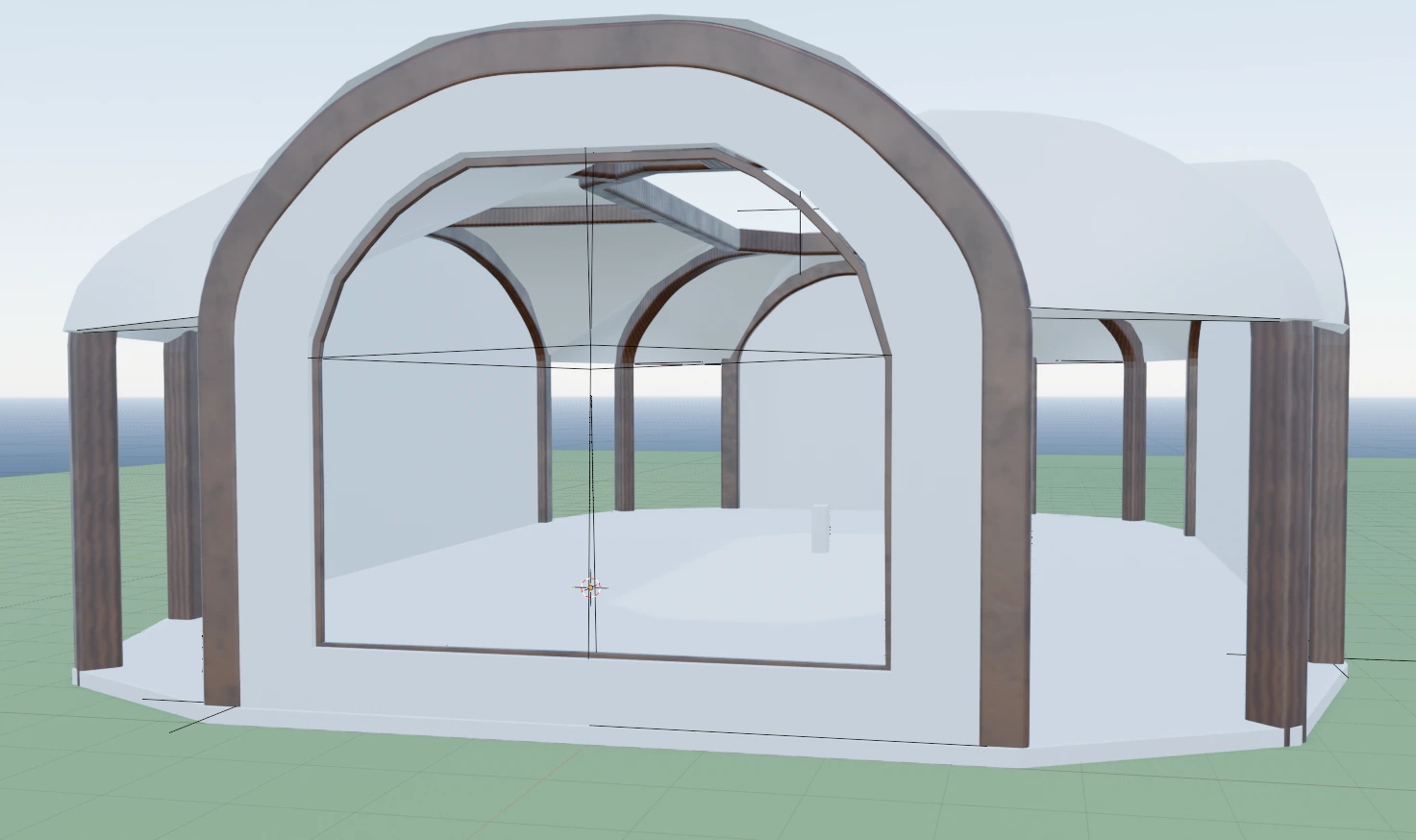 Work-in-progress Bright Minutes environment architecture showing the connected building shell and room arches.
