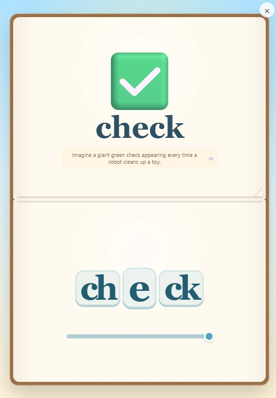 Sounds About Right showing the word check split into graphemes ch, e, and ck for guided reading.