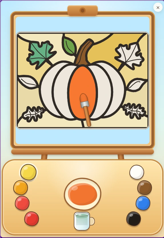 The Tint Is Right showing a child mixing orange paint and painting a pumpkin scene.